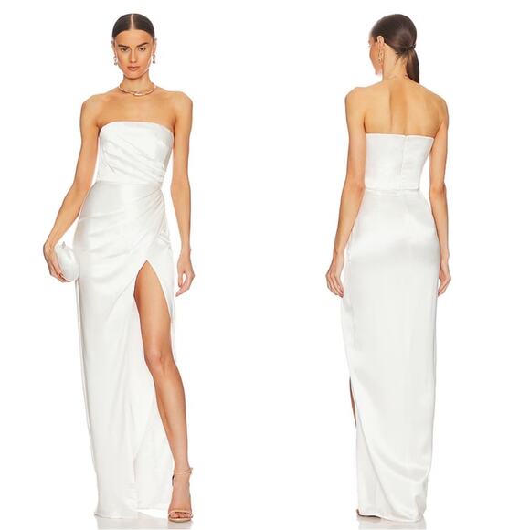 Sau Lee Priyanka Ivory White Strapless Ruched Satin Maxi Dress Size 6 - Picture 2 of 12